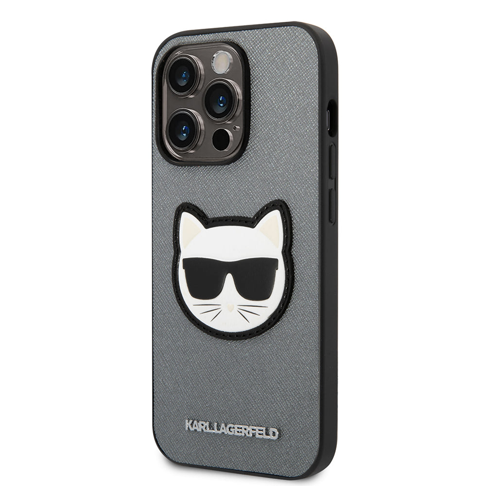 Hoes voor Apple iPhone 14 Pro, Karl Lagerfeld, Saffiano Choupette's Head, Zilverkleurig