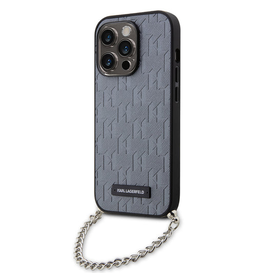 Hoes voor Apple iPhone 14 Pro, Karl Lagerfeld, Saffiano Monogram Chain, Zilverkleurig