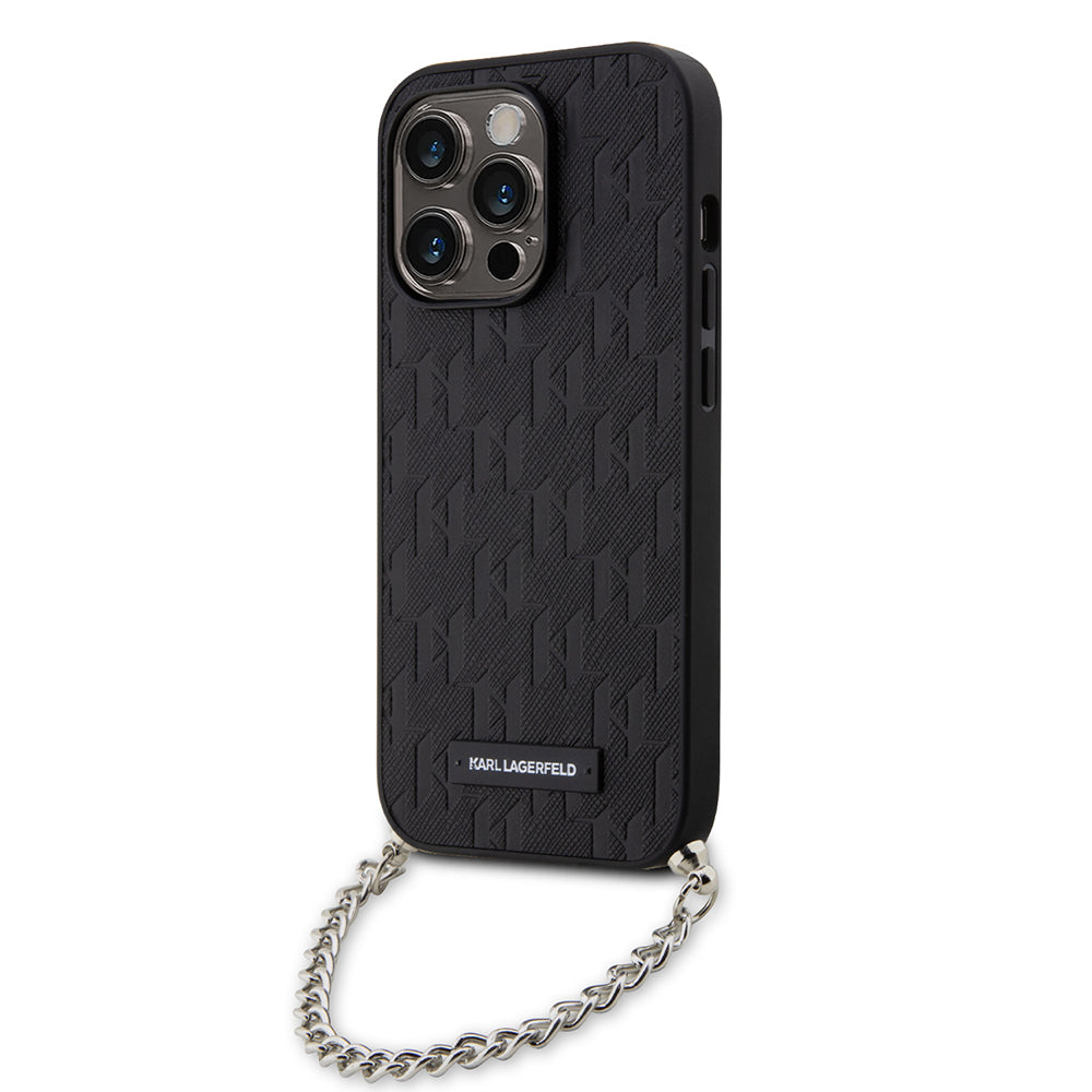 Hoes voor Apple iPhone 14 Pro, Karl Lagerfeld, Saffiano Monogram Chain, Zwart
