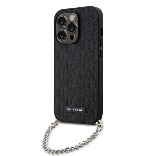 Hoes voor Apple iPhone 14 Pro, Karl Lagerfeld, Saffiano Monogram Chain, Zwart
