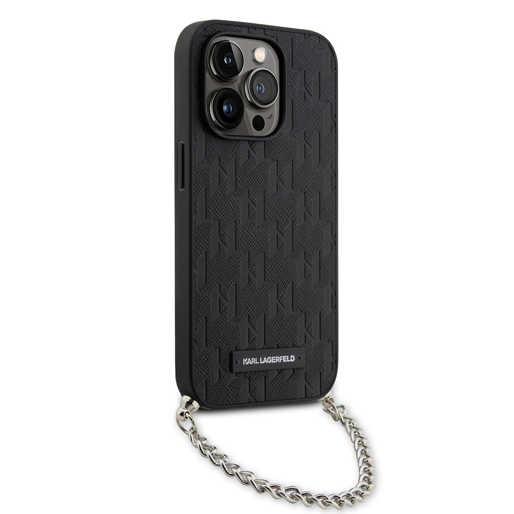 Hoes voor Apple iPhone 14 Pro, Karl Lagerfeld, Saffiano Monogram Chain, Zwart