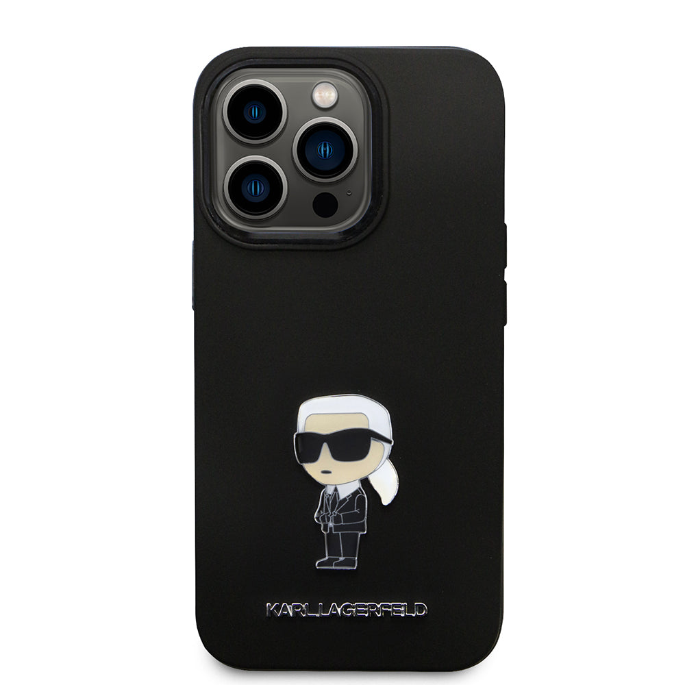 Hoes voor Apple iPhone 14 Pro, Karl Lagerfeld, Silicone Ikonik Karl Metal, Zwart