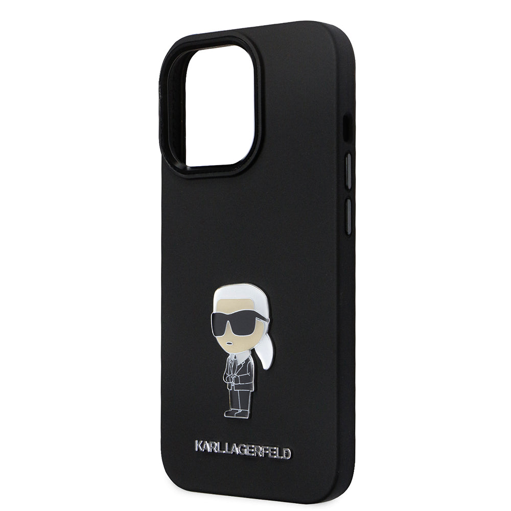 Hoes voor Apple iPhone 14 Pro, Karl Lagerfeld, Silicone Ikonik Karl Metal, Zwart