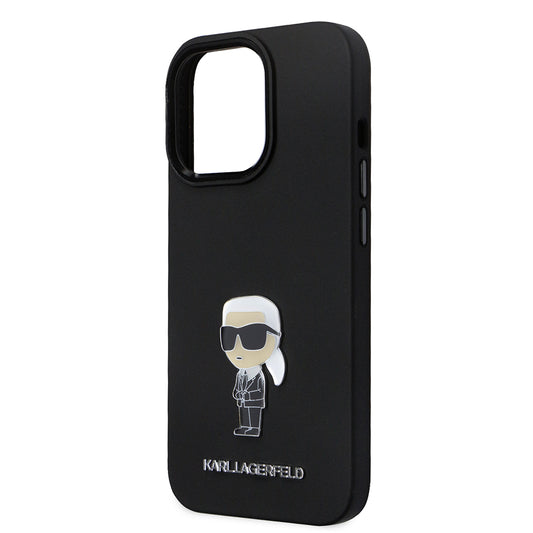 Hoes voor Apple iPhone 14 Pro, Karl Lagerfeld, Silicone Ikonik Karl Metal, Zwart