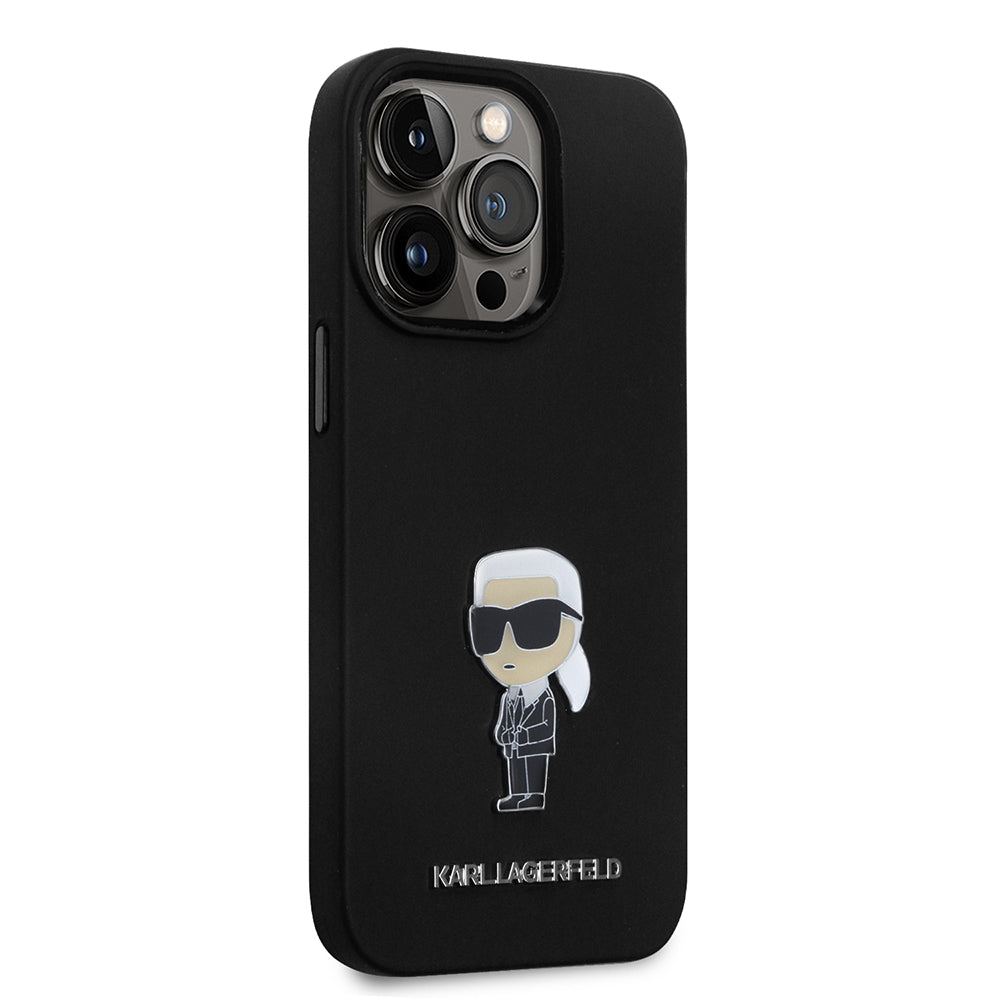 Hoes voor Apple iPhone 14 Pro, Karl Lagerfeld, Silicone Ikonik Karl Metal, Zwart