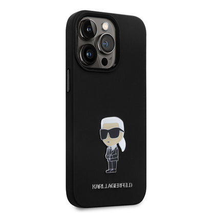 Hoes voor Apple iPhone 14 Pro, Karl Lagerfeld, Silicone Ikonik Karl Metal, Zwart