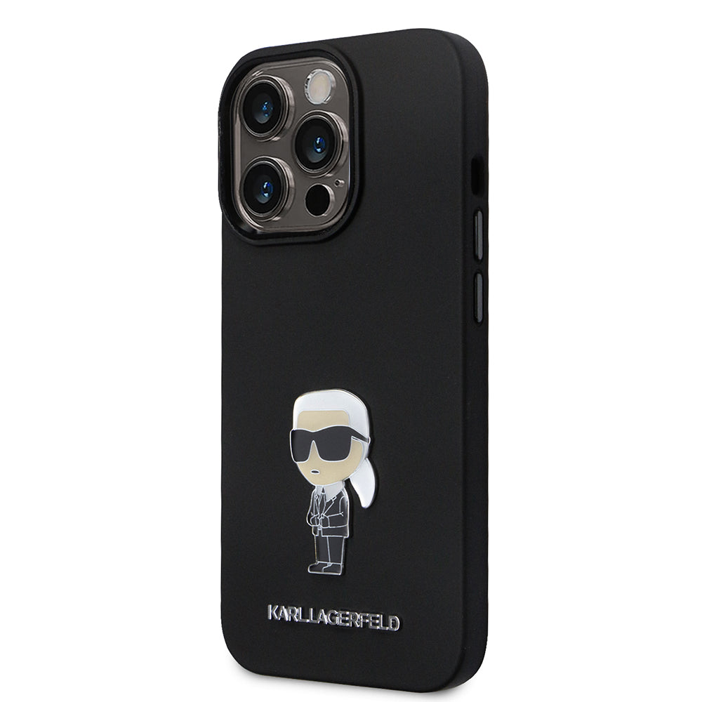Hoes voor Apple iPhone 14 Pro, Karl Lagerfeld, Silicone Ikonik Karl Metal, Zwart