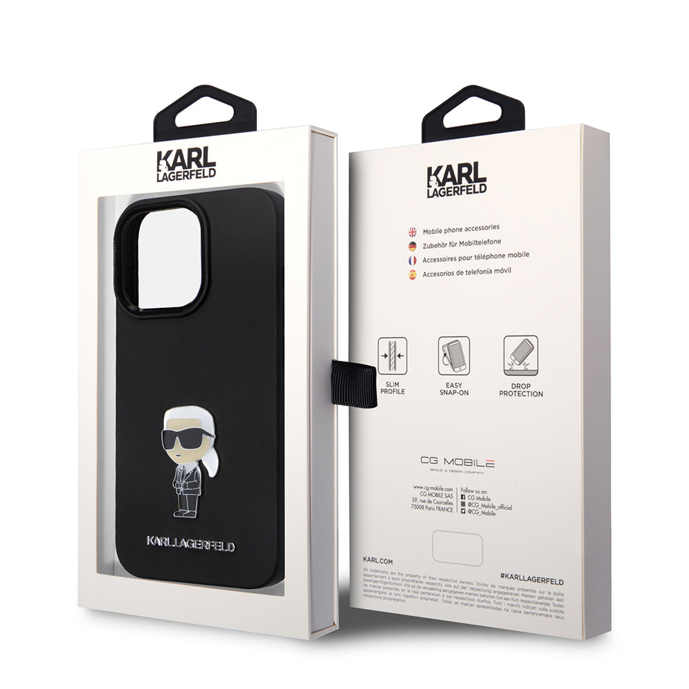 Hoes voor Apple iPhone 14 Pro, Karl Lagerfeld, Silicone Ikonik Karl Metal, Zwart