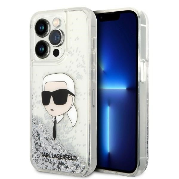 Hoes voor Apple iPhone 14 Pro Max, Karl Lagerfeld, Glitter Karl's Head, Zilverkleurig.