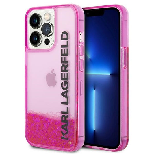 Hoes voor Apple iPhone 14 Pro Max, Karl Lagerfeld, Liquid Glitter KL Logo, Roze