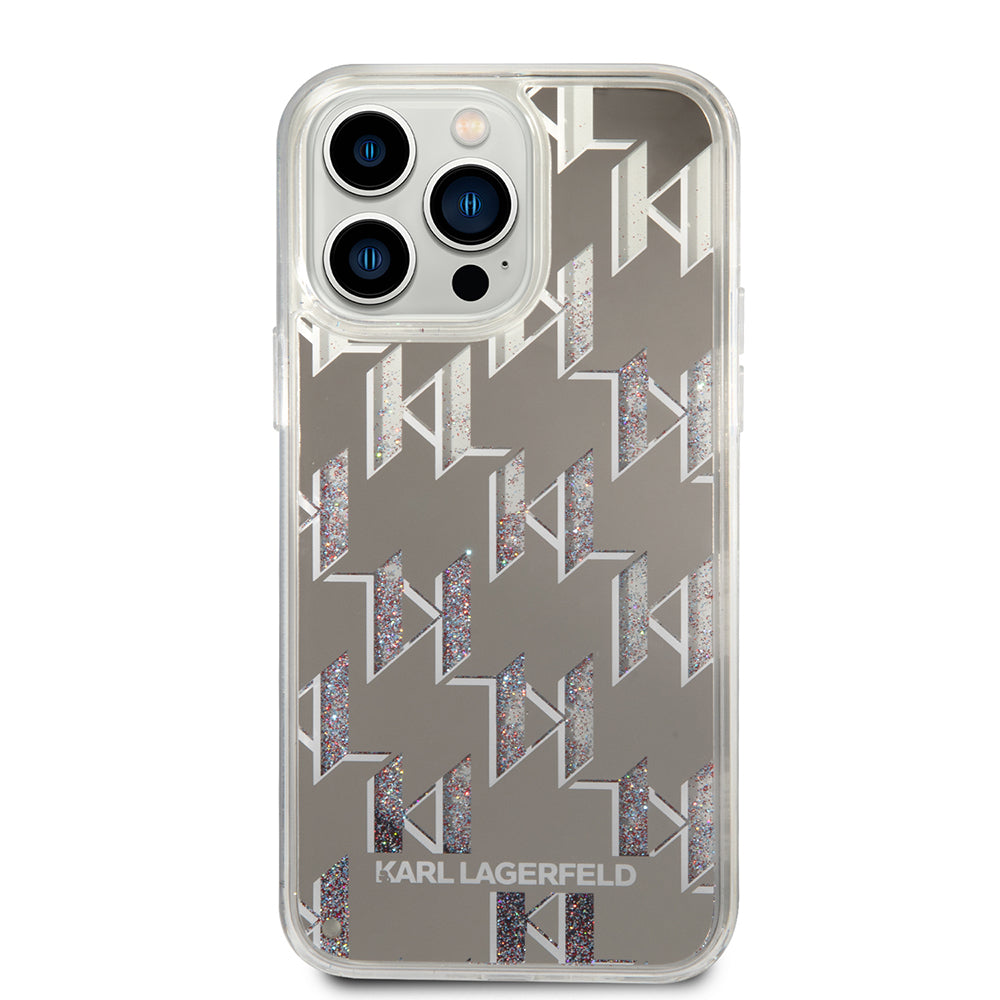 Hoes voor Apple iPhone 14 Pro Max, Karl Lagerfeld, Liquid Glitter Monogram, Zilverkleurig