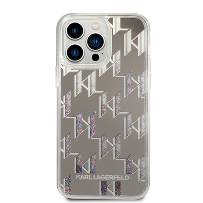 Hoes voor Apple iPhone 14 Pro Max, Karl Lagerfeld, Liquid Glitter Monogram, Zilverkleurig