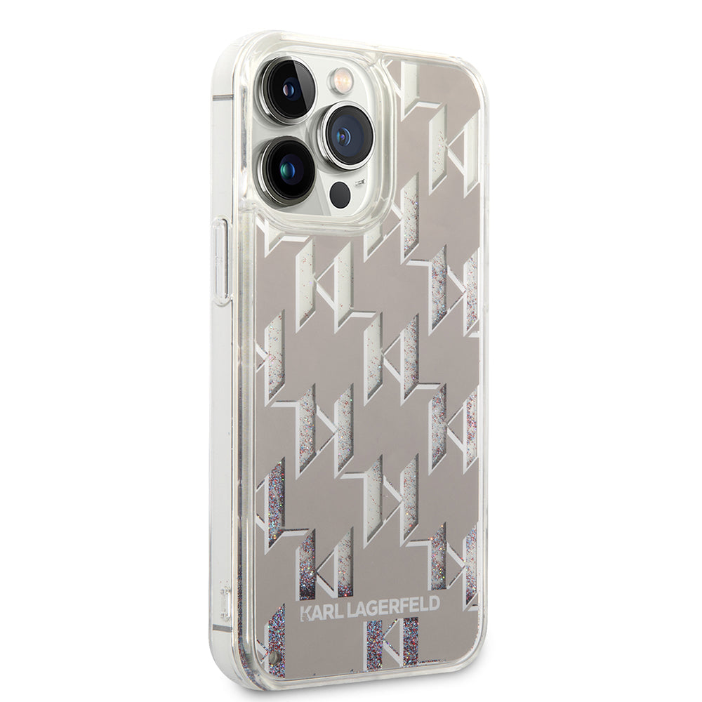 Hoes voor Apple iPhone 14 Pro Max, Karl Lagerfeld, Liquid Glitter Monogram, Zilverkleurig