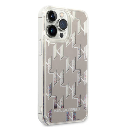Hoes voor Apple iPhone 14 Pro Max, Karl Lagerfeld, Liquid Glitter Monogram, Zilverkleurig