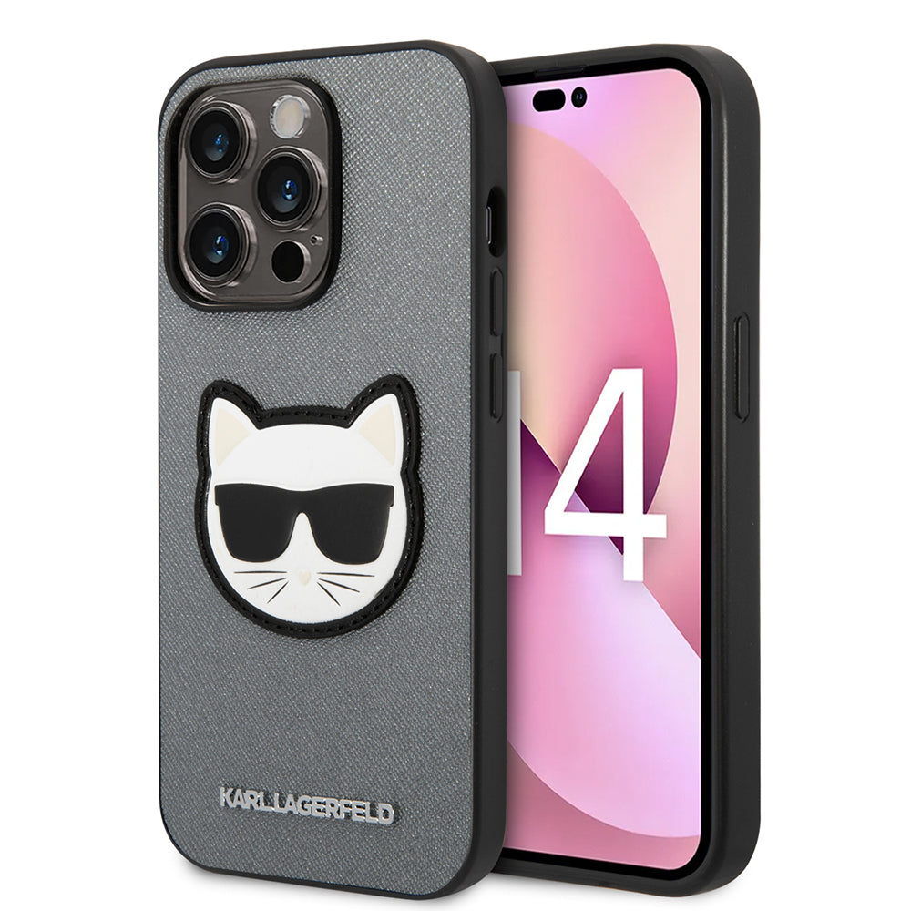 Hoes voor Apple iPhone 14 Pro Max, Karl Lagerfeld, Saffiano Choupette's Head, Zilverkleurig