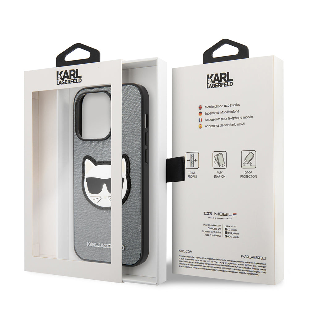 Hoes voor Apple iPhone 14 Pro Max, Karl Lagerfeld, Saffiano Choupette's Head, Zilverkleurig