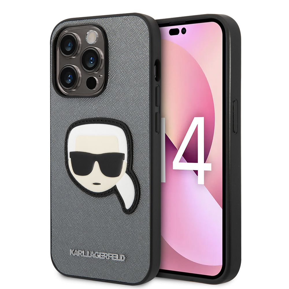 Hoes voor Apple iPhone 14 Pro Max, Karl Lagerfeld, Saffiano Karl's Head, Zilverkleurig
