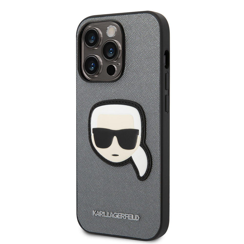 Hoes voor Apple iPhone 14 Pro Max, Karl Lagerfeld, Saffiano Karl's Head, Zilverkleurig