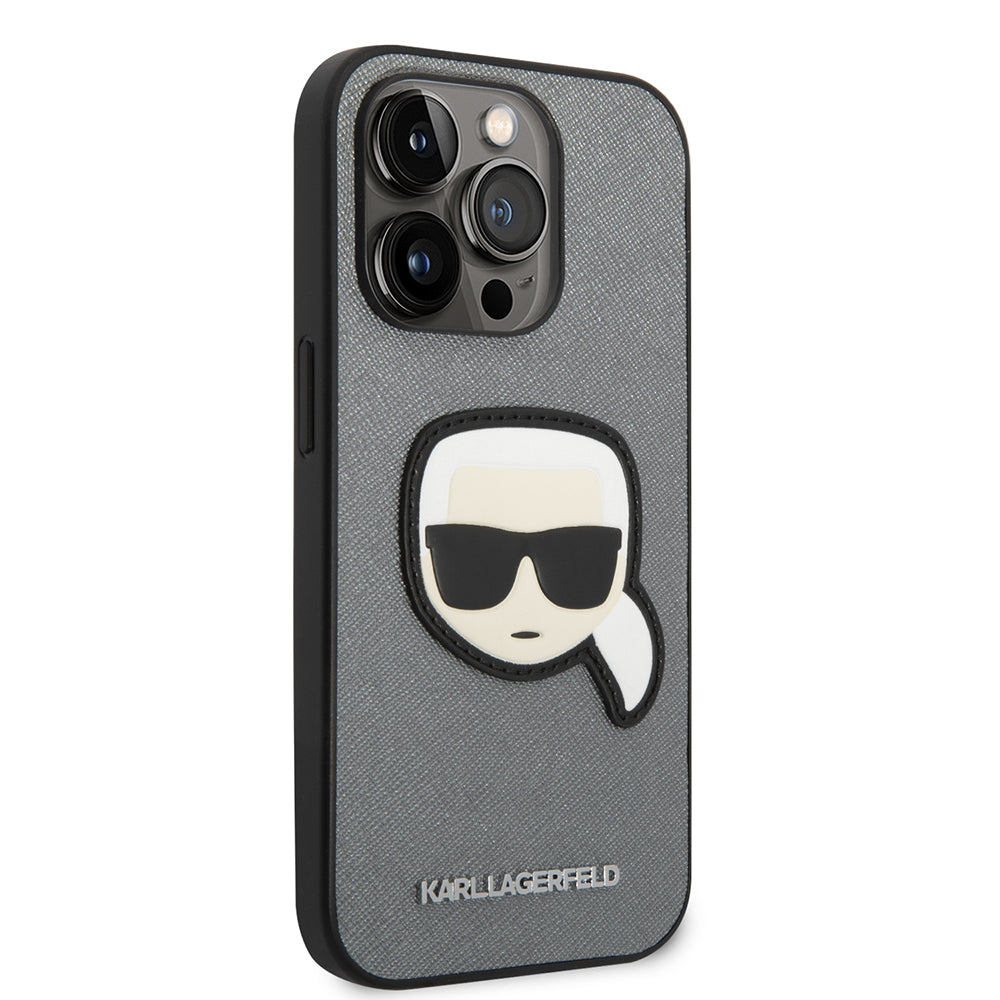 Hoes voor Apple iPhone 14 Pro Max, Karl Lagerfeld, Saffiano Karl's Head, Zilverkleurig