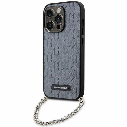 Hoes voor Apple iPhone 14 Pro Max, Karl Lagerfeld, Saffiano Monogram Chain, Zilverkleurig