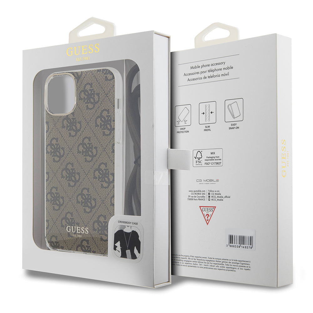 Hoes voor Apple iPhone 15, Guess, 4G IML Printed Crossbody, Bruin