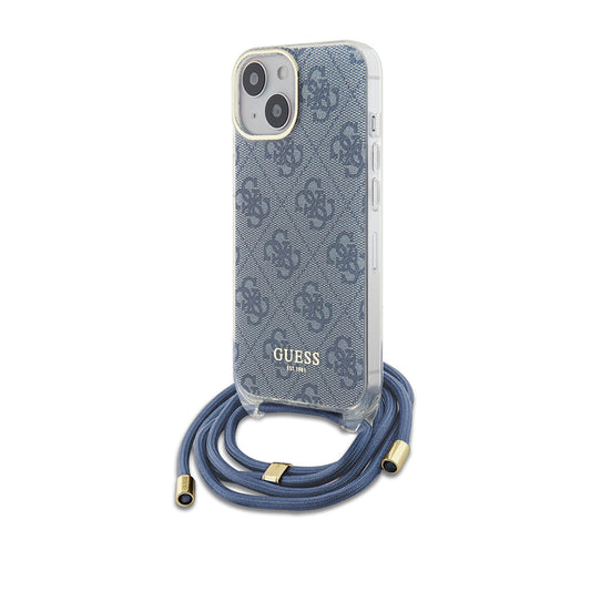 Hoes voor Apple iPhone 15, Guess, Crossbody Cord 4G Print, Blauw