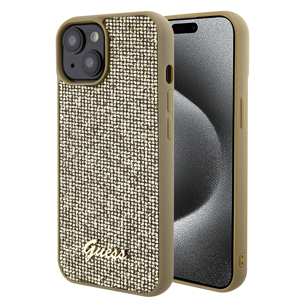 Hoes voor Apple iPhone 15, Guess, Disco Metal Script, Goud