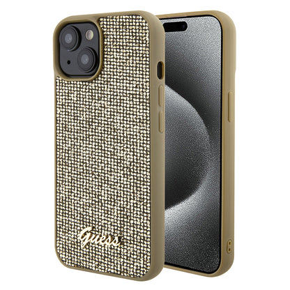 Hoes voor Apple iPhone 15, Guess, Disco Metal Script, Goud