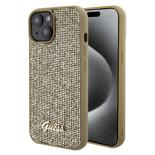 Hoes voor Apple iPhone 15, Guess, Disco Metal Script, Goud