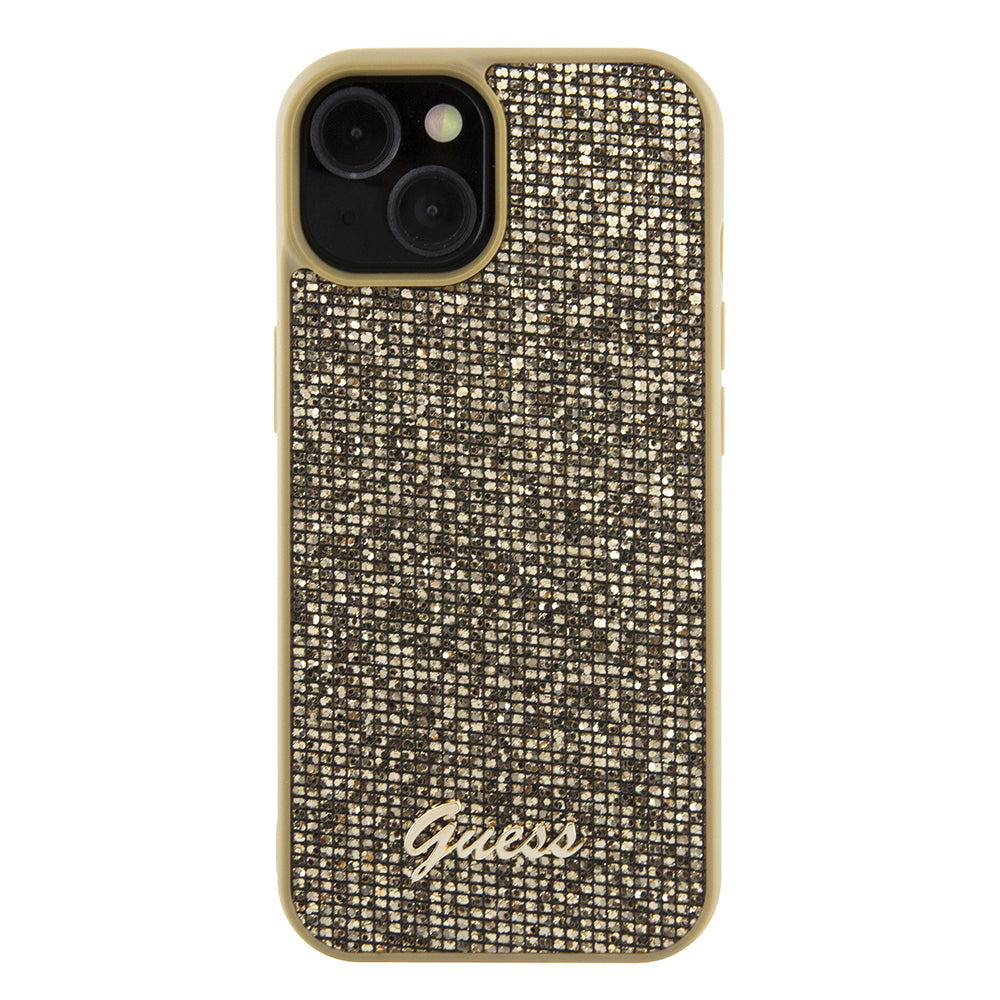 Hoes voor Apple iPhone 15, Guess, Disco Metal Script, Goud