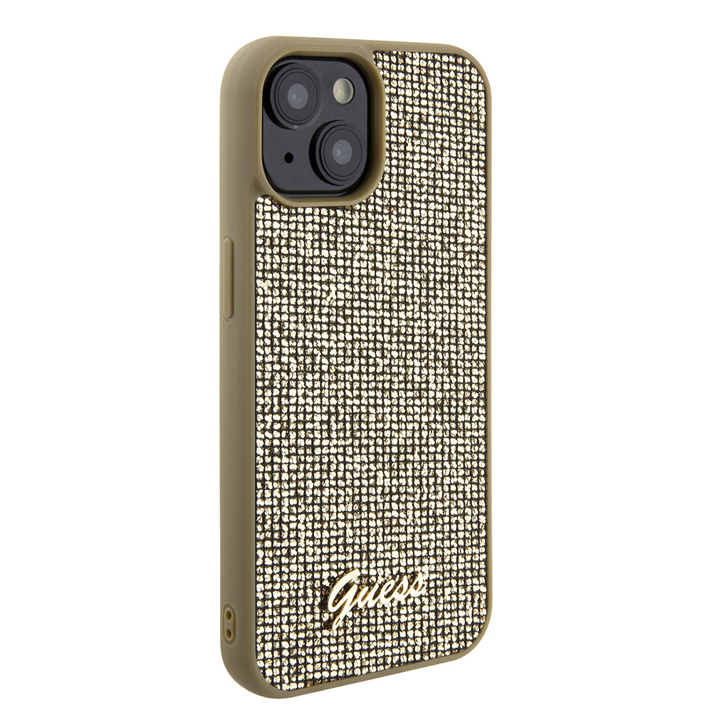 Hoes voor Apple iPhone 15, Guess, Disco Metal Script, Goud