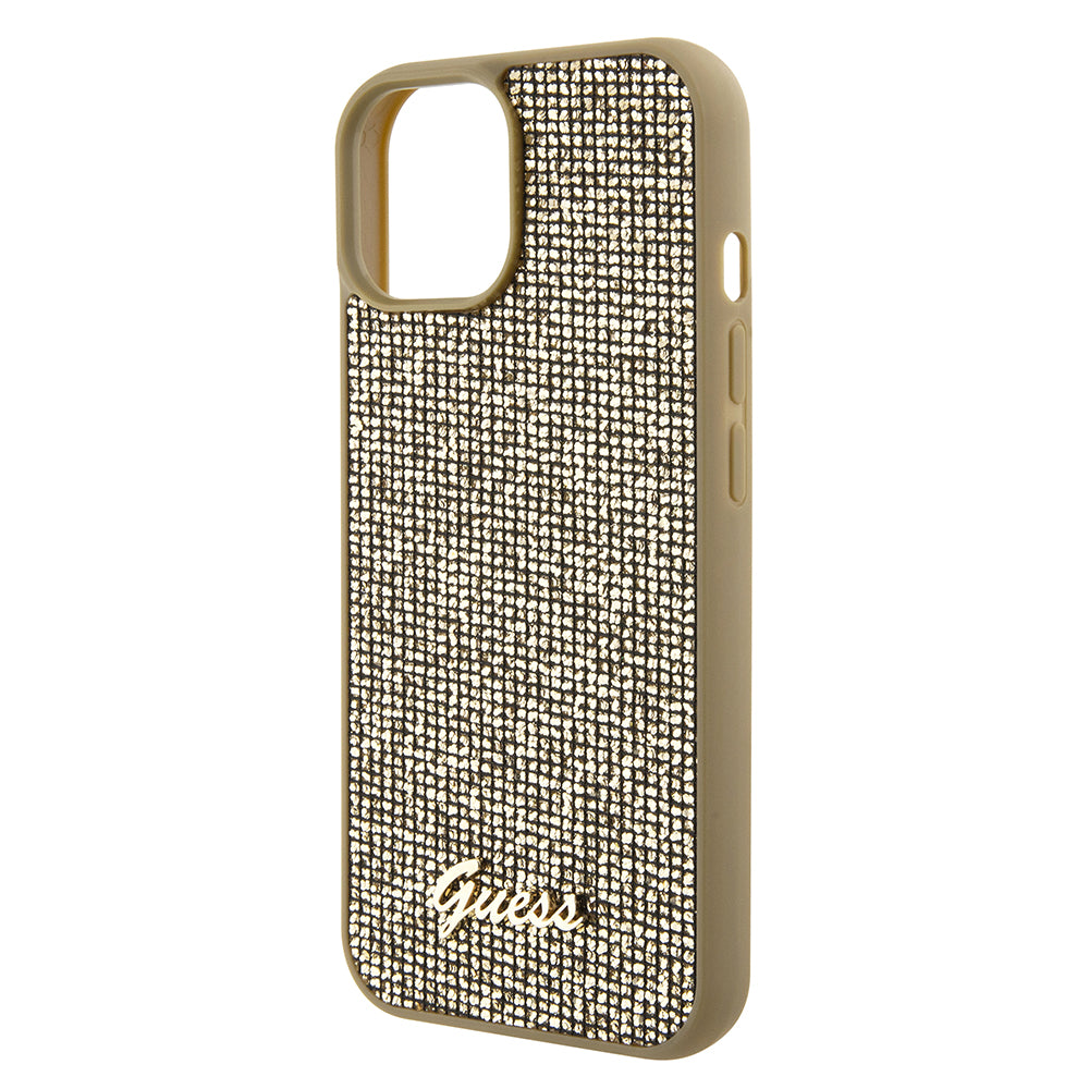Hoes voor Apple iPhone 15, Guess, Disco Metal Script, Goud