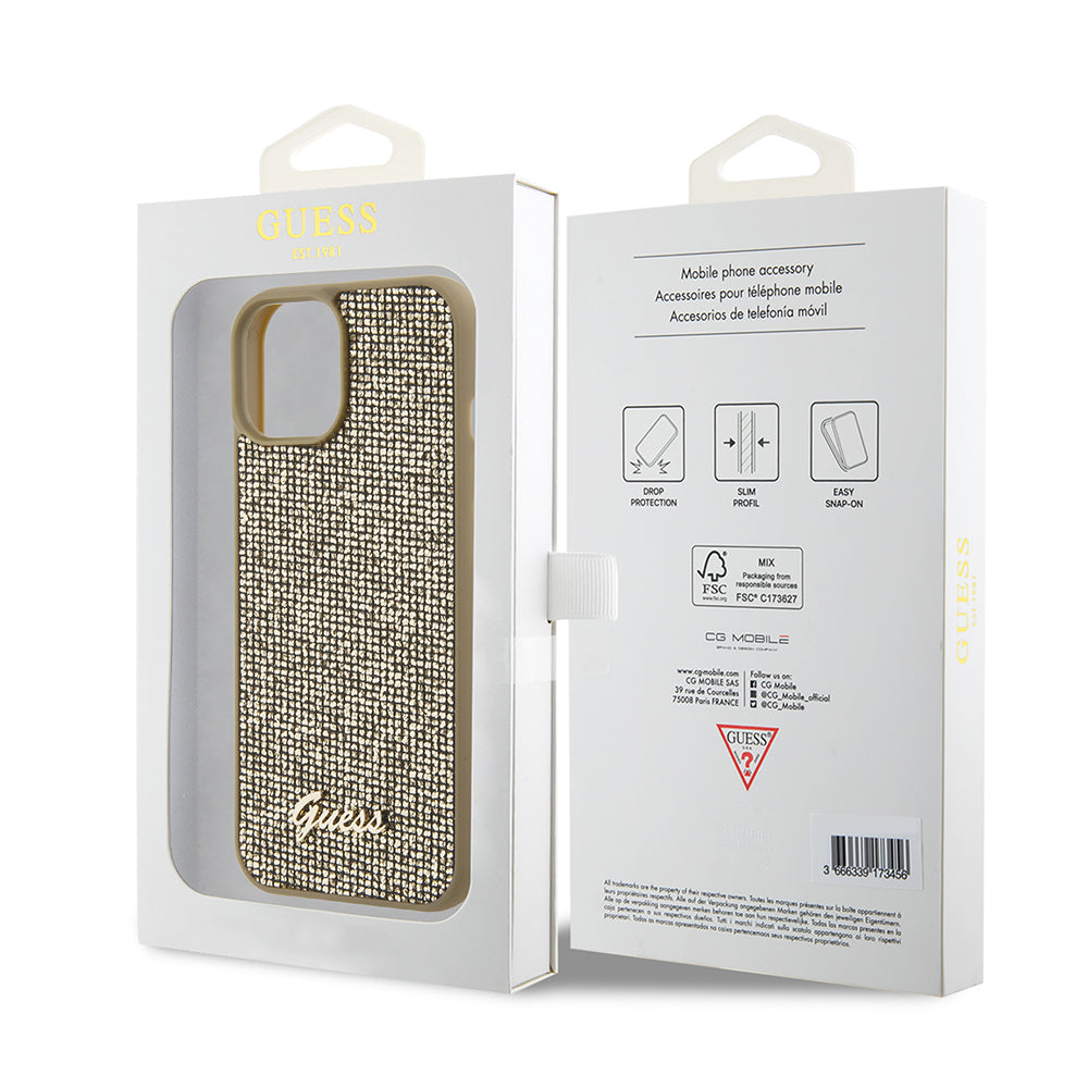 Hoes voor Apple iPhone 15, Guess, Disco Metal Script, Goud