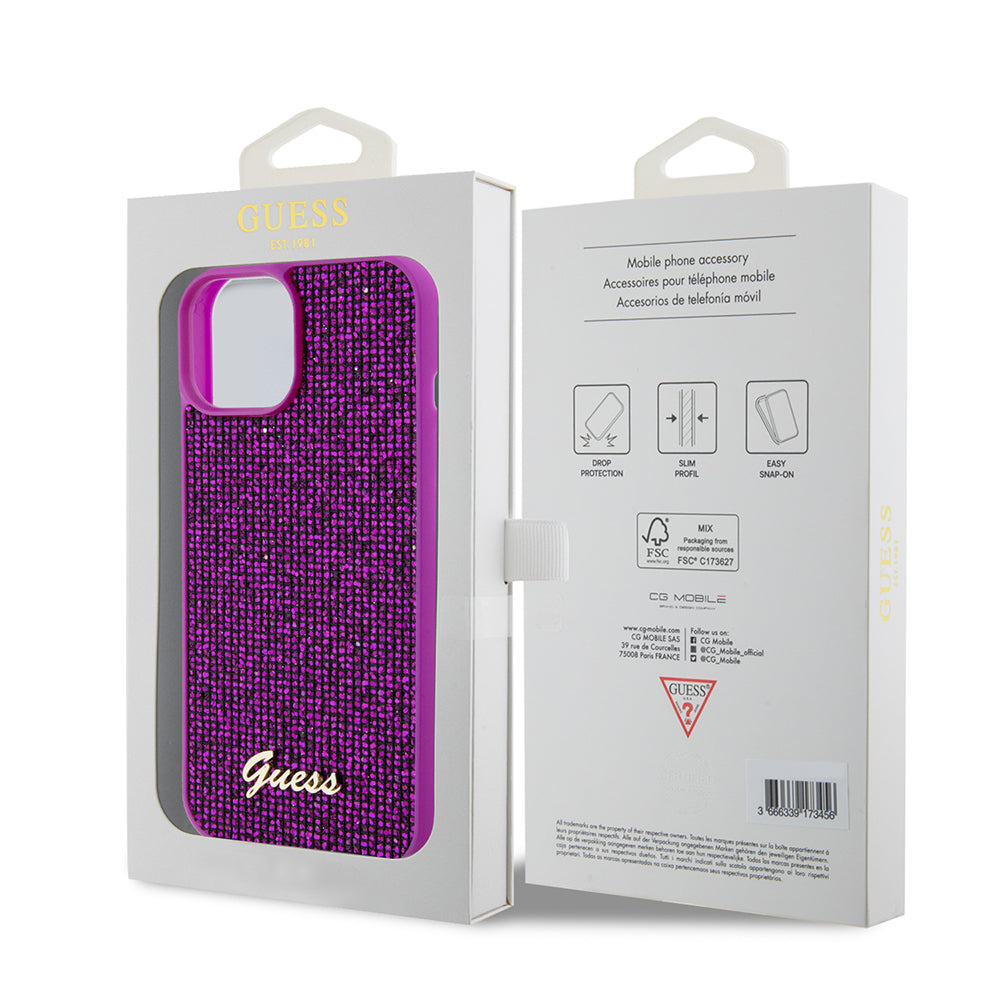 Hoes voor Apple iPhone 15, Guess, Disco Metal Script, Fuchsia