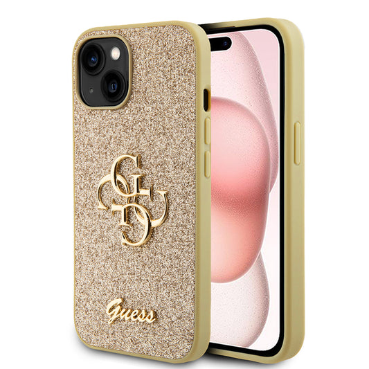 Hoes voor Apple iPhone 15, Guess, Glitter Big 4G Script, Goud