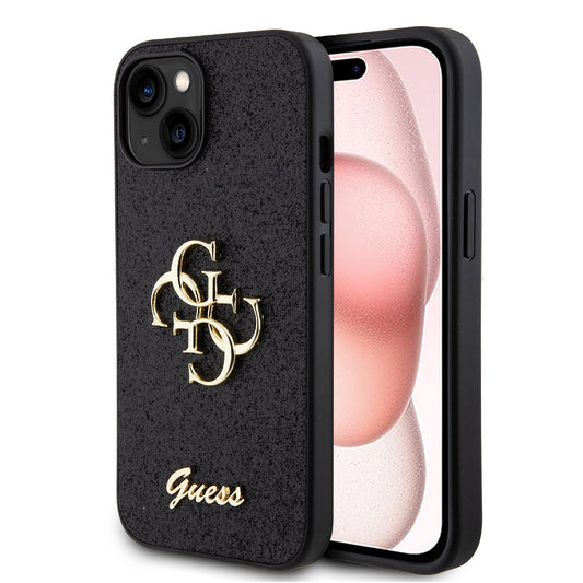 Hoes voor Apple iPhone 15, Guess, Glitter Big 4G Script, Zwart
