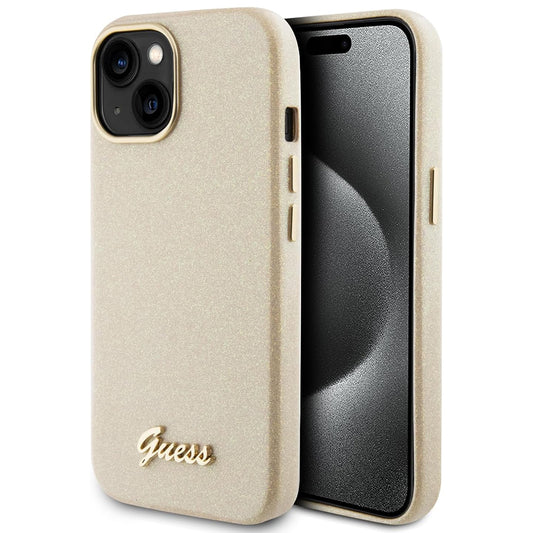Hoes voor Apple iPhone 15, Guess, Glitter Glossy Script, Beige
