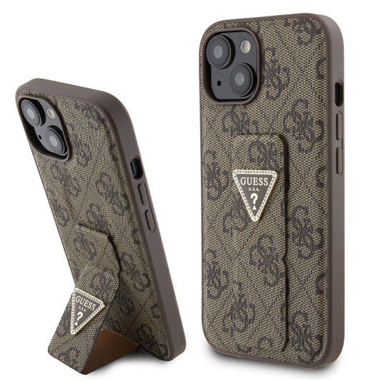 Hoes voor Apple iPhone 15, Guess, Grip Stand 4G Triangle Strass, Bruin
