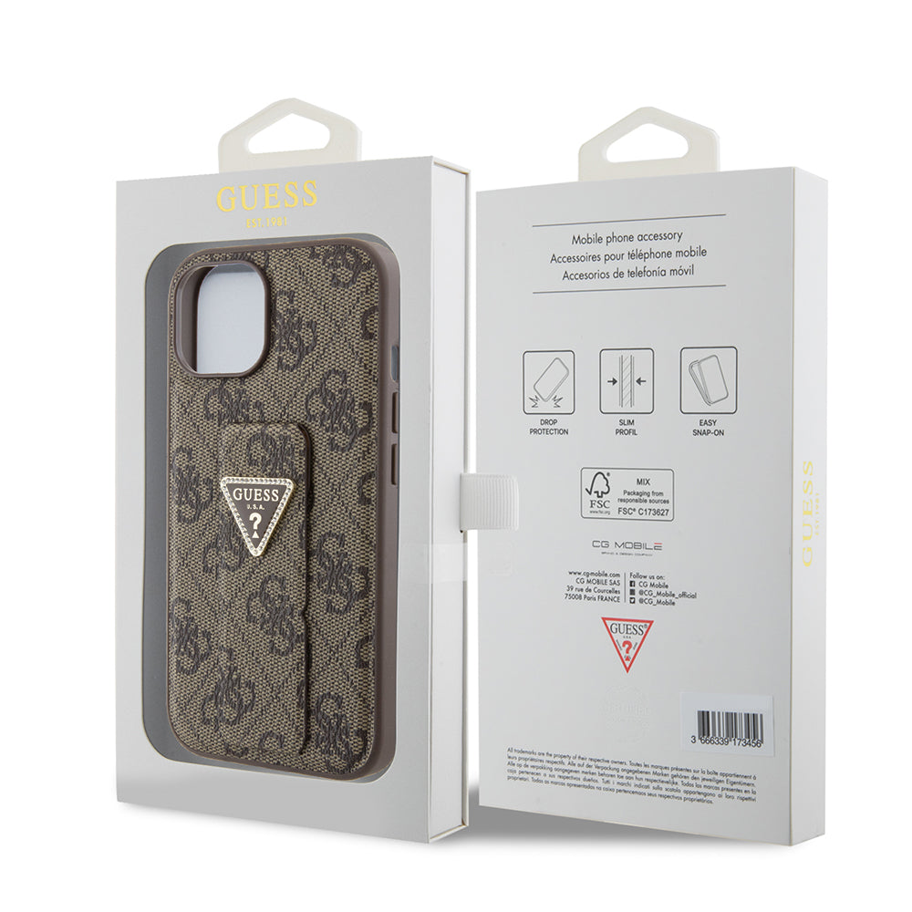 Case for Apple iPhone 15, Guess, Grip Stand 4G Triangle Strass, Brown