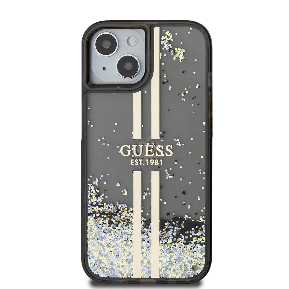Hoes voor Apple iPhone 15, Guess, Liquid Glitter Gold Stripes, Zwart