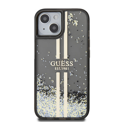 Hoes voor Apple iPhone 15, Guess, Liquid Glitter Gold Stripes, Zwart