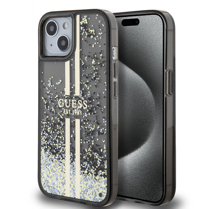 Hoes voor Apple iPhone 15, Guess, Liquid Glitter Gold Stripes, Zwart
