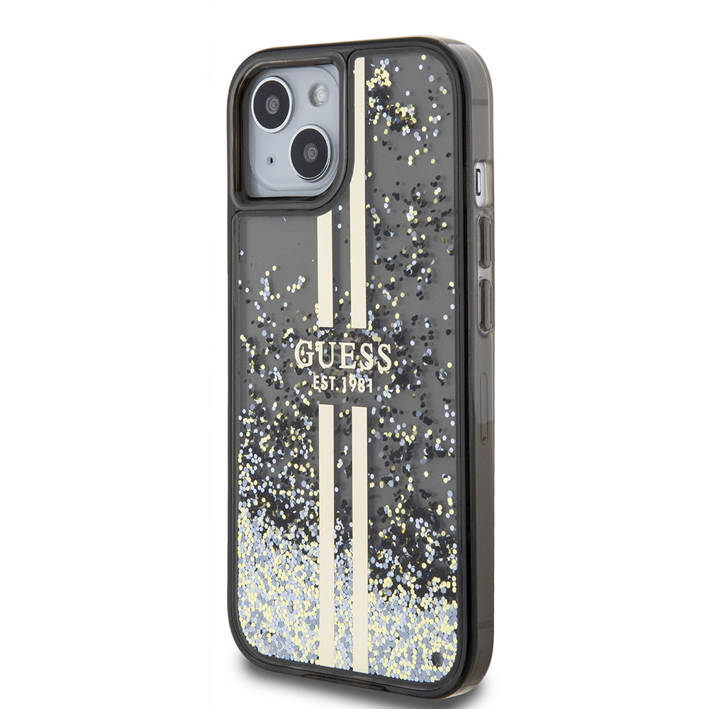 Hoes voor Apple iPhone 15, Guess, Liquid Glitter Gold Stripes, Zwart