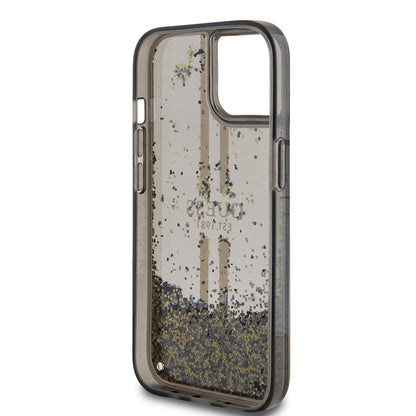 Hoes voor Apple iPhone 15, Guess, Liquid Glitter Gold Stripes, Zwart