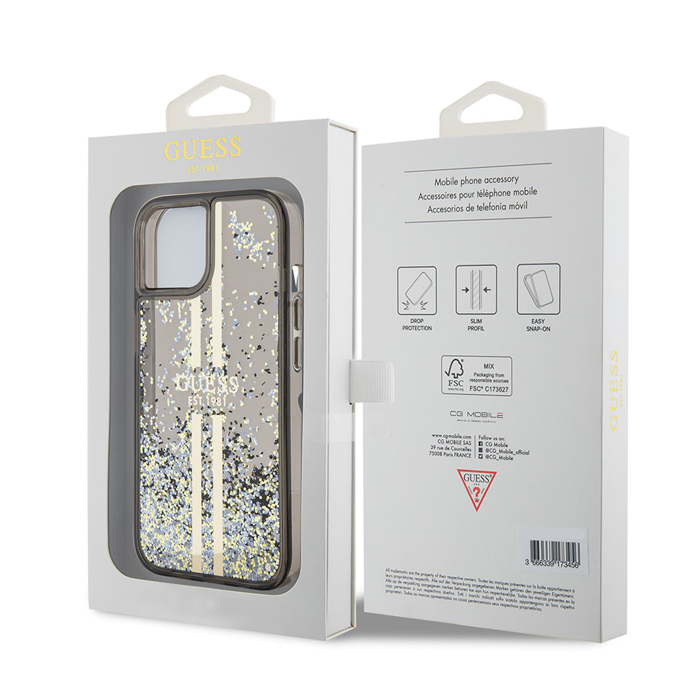 Hoes voor Apple iPhone 15, Guess, Liquid Glitter Gold Stripes, Zwart