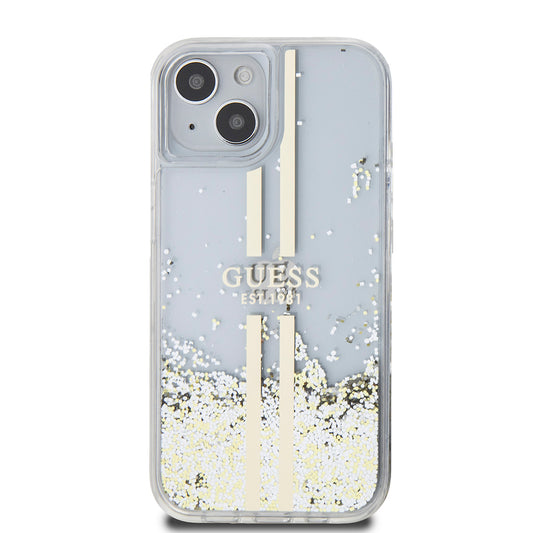 Hoes voor Apple iPhone 15, Guess, Liquid Glitter Gold Stripes, Transparant