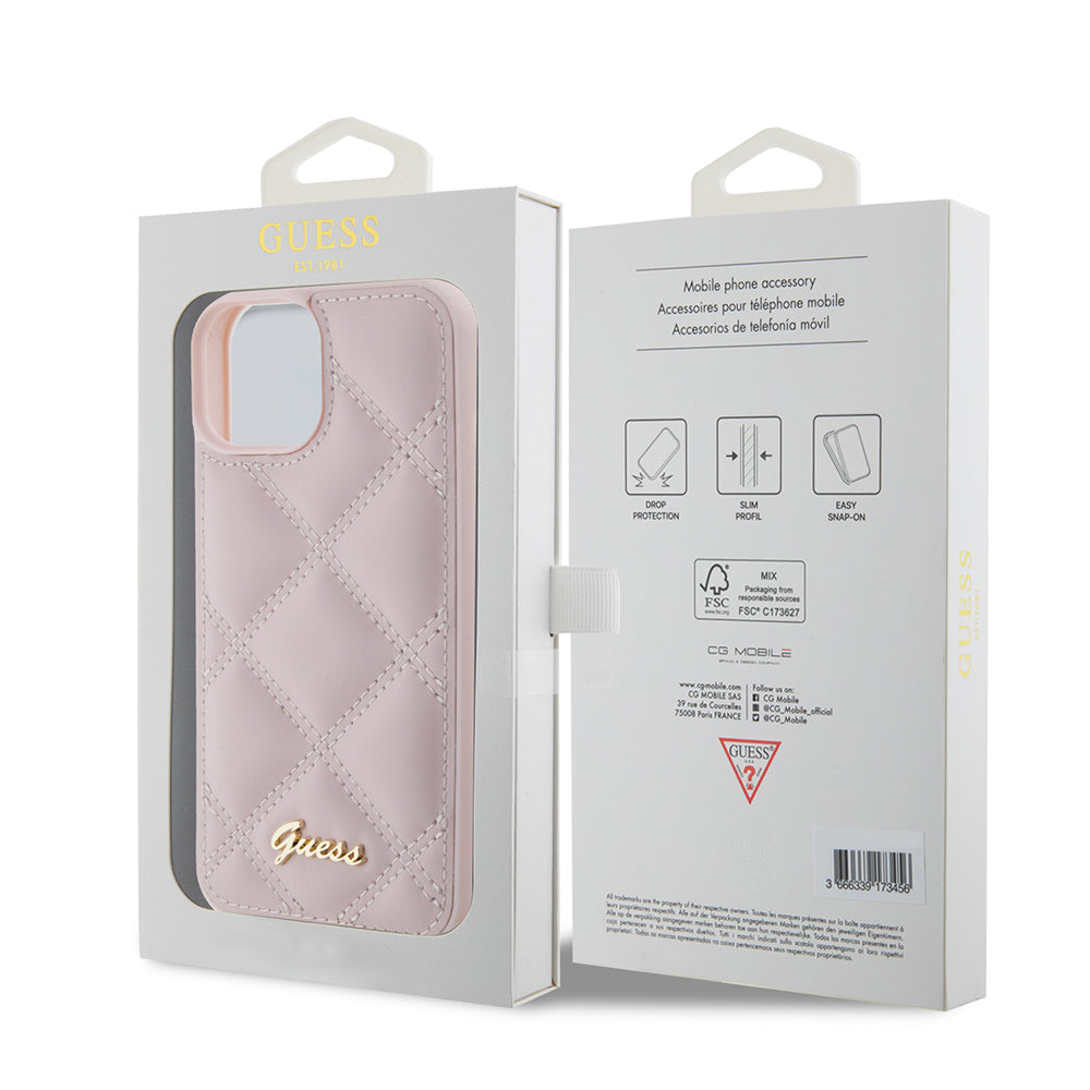 Hoes voor Apple iPhone 15, Guess, Quilted Metal Logo, Roze