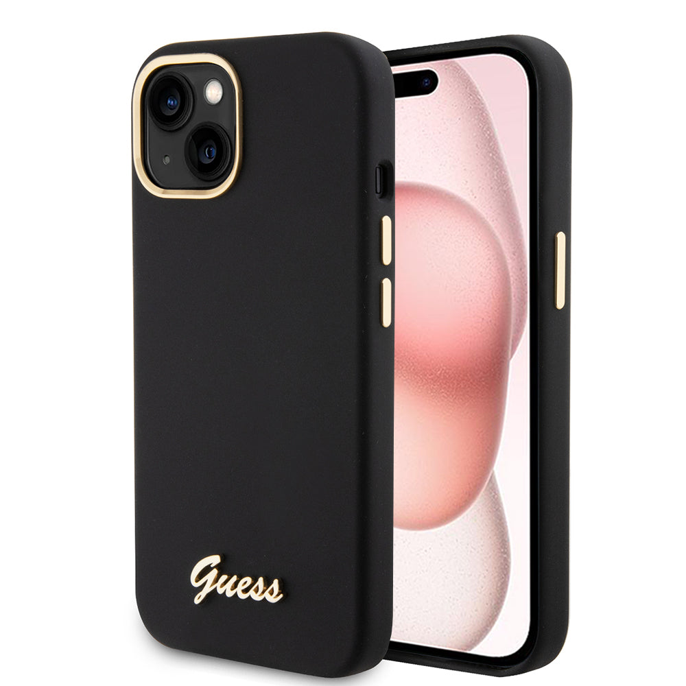 Hoes voor Apple iPhone 15, Guess, Script Metal Logo & Frame, Zwart