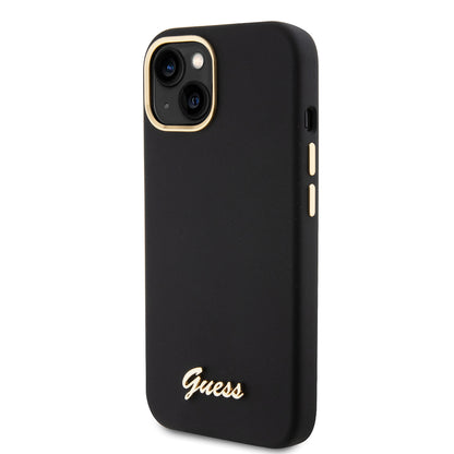 Hoes voor Apple iPhone 15, Guess, Script Metal Logo & Frame, Zwart