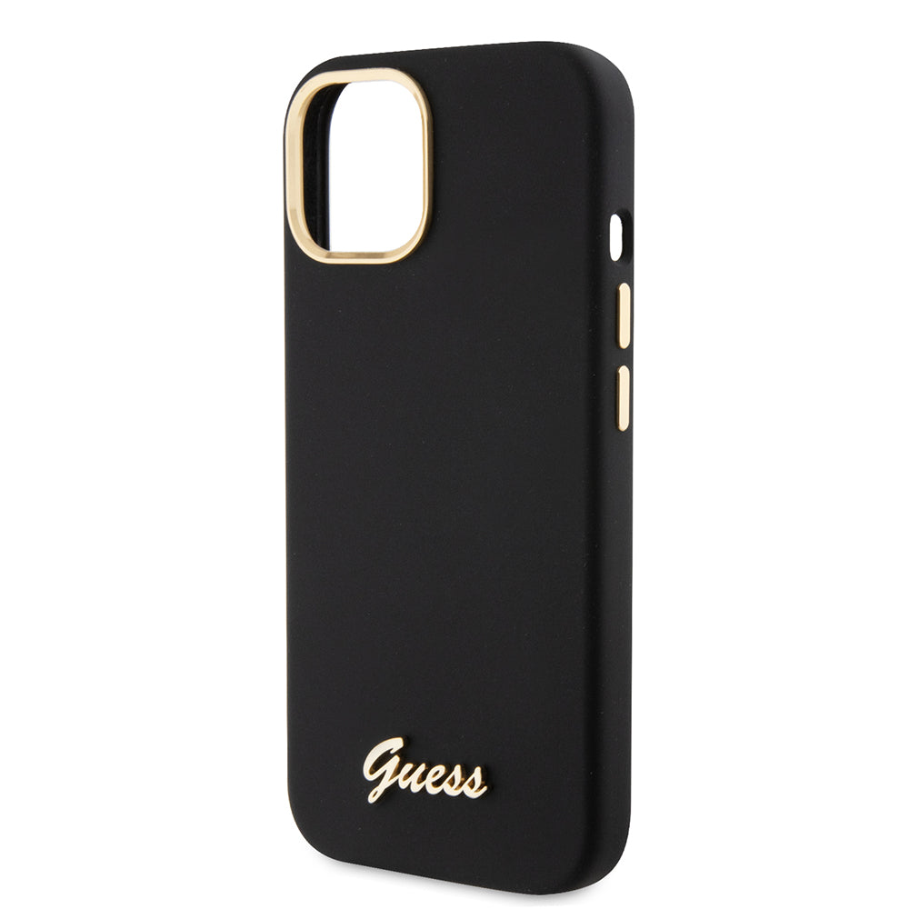 Hoes voor Apple iPhone 15, Guess, Script Metal Logo & Frame, Zwart